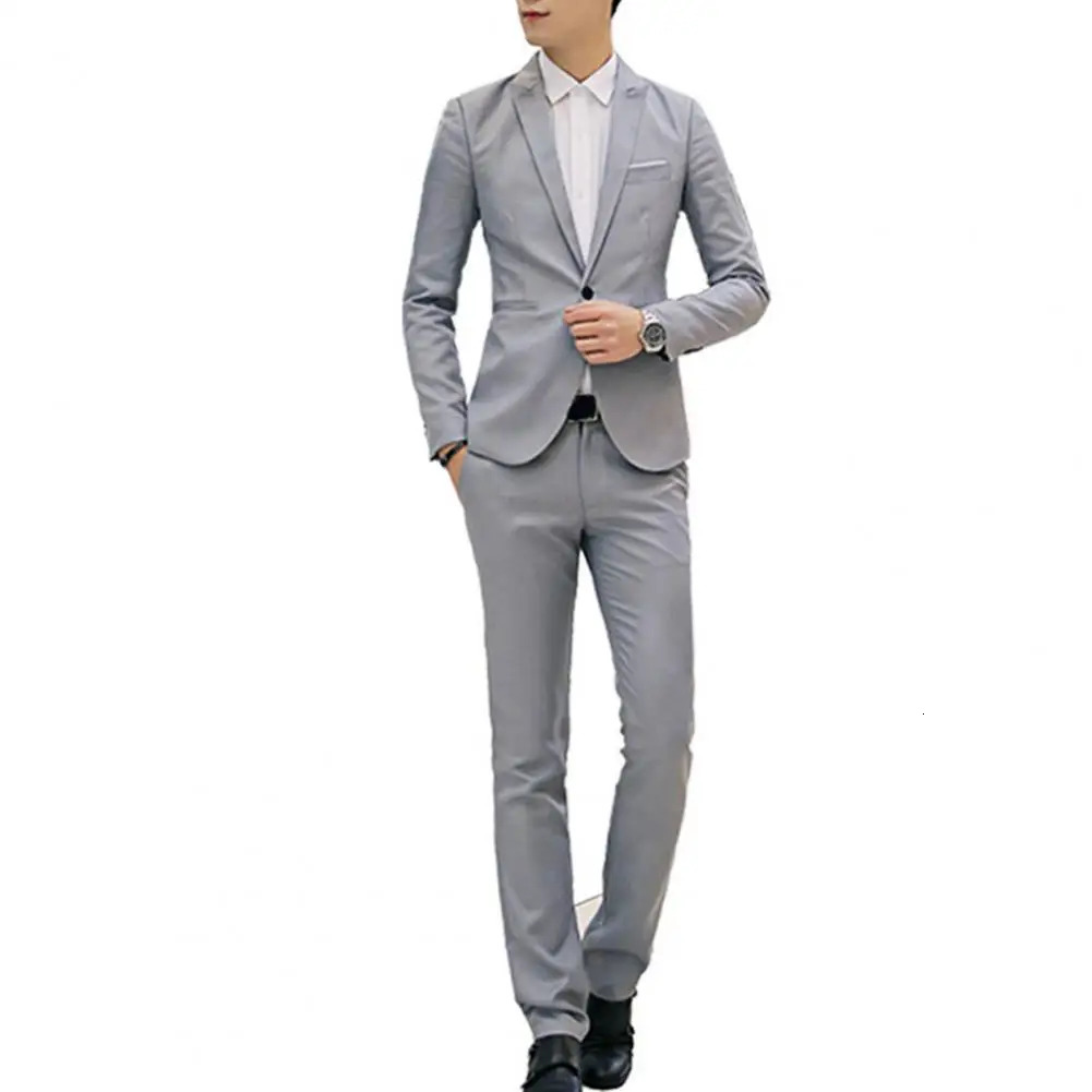 2Pcs/Set Men Spring Autumn Solid Color Business Suit Lapel Long Sleeve Pockets Single Button Blazer Slim Fit Long Pants Set 240518