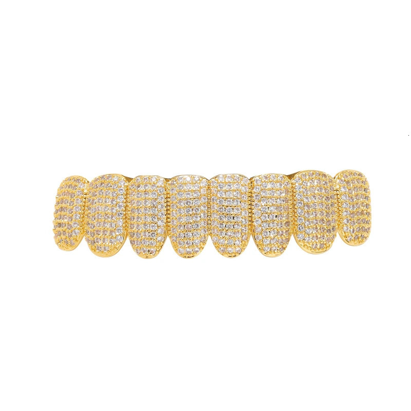 Hip Hop Iced Out Zircon Tooth Grills for Women Men Body Piercing Jewelry Cubic Zirconia Gold Teeth 8/8 Top Bottom Cap Set 240507