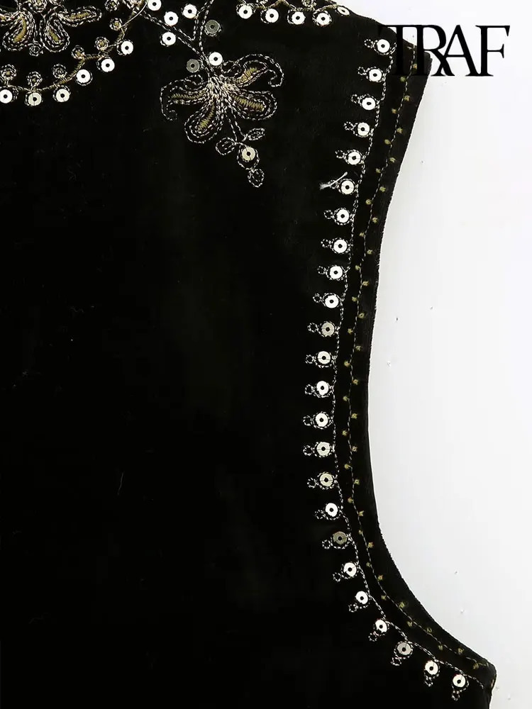 TRAF Women Fashion With Sequin Floral Embroidery Crop Waistcoat Vintage O Neck Sleeveless Female Outerwear Chic Vest Tops 240523
