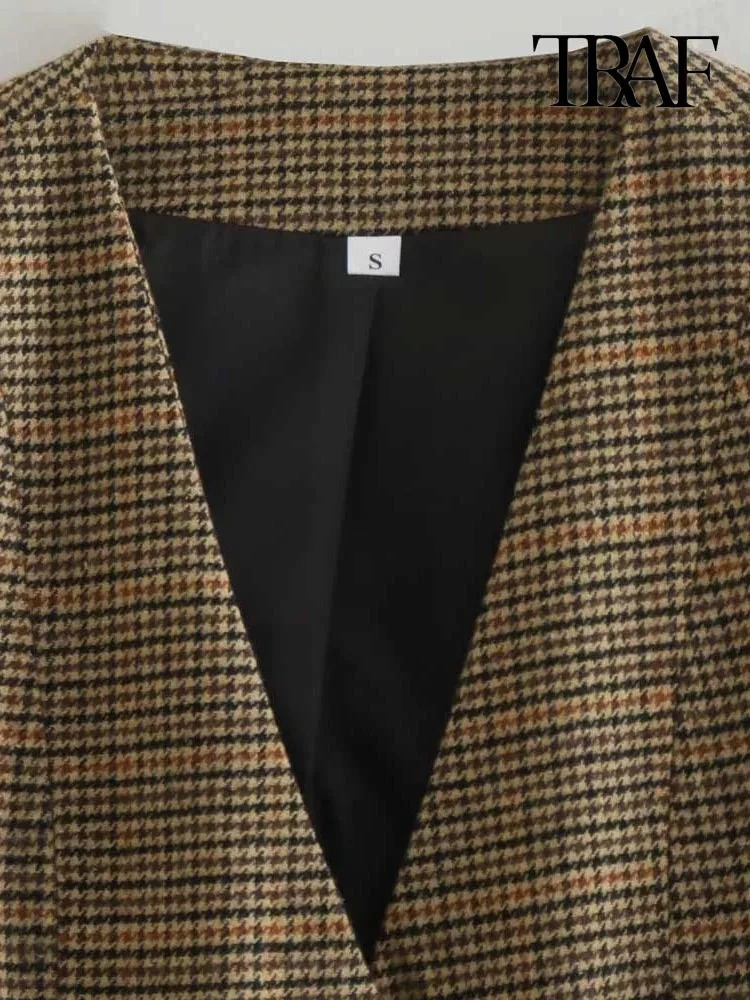 TRAFWomens Front Button Houndstooth Waistcoat V Neck Sleeveless Vest Female Outerwear Chic Tops Fashion 240523