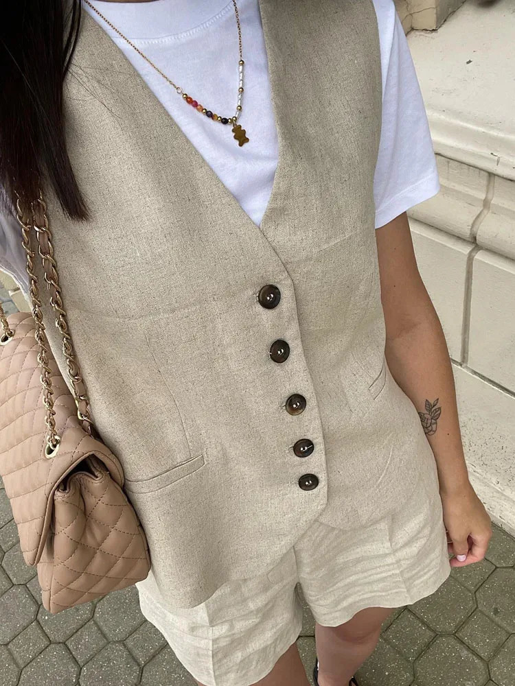 TRAF Linen Vests for Women Sleeveless Suit Vest Coat Woman Autumn Korean Fashion Female Black White Top 240523