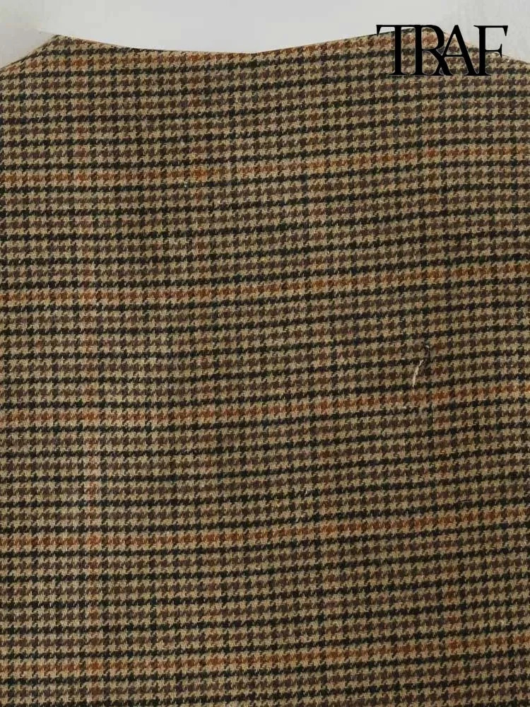 TRAFWomens Front Button Houndstooth Waistcoat V Neck Sleeveless Vest Female Outerwear Chic Tops Fashion 240523