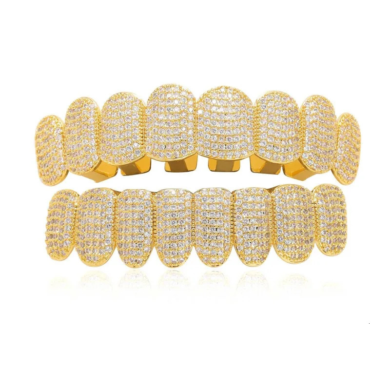 Hip Hop Iced Out Zircon Tooth Grills for Women Men Body Piercing Jewelry Cubic Zirconia Gold Teeth 8/8 Top Bottom Cap Set 240507