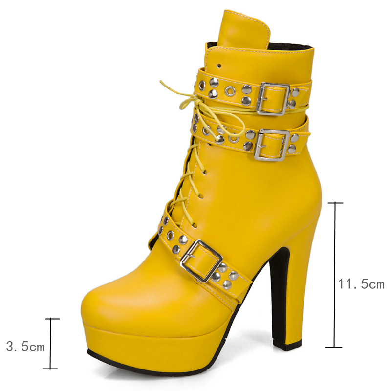 Ankle Women's Boots Platform Red White Yellow Lace Up High Heels Short Boot Female Autumn Winter Unisex Shoes Sexy Large Size 45 9312
