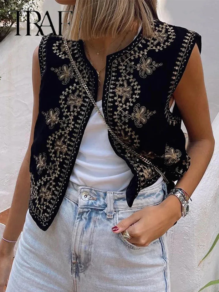 TRAF Vintage Autumn Velvet Embroidered Vest Sleeveless Jacket Women V Neck Chic Waistcoats Female Fashion Vests Coat 240523