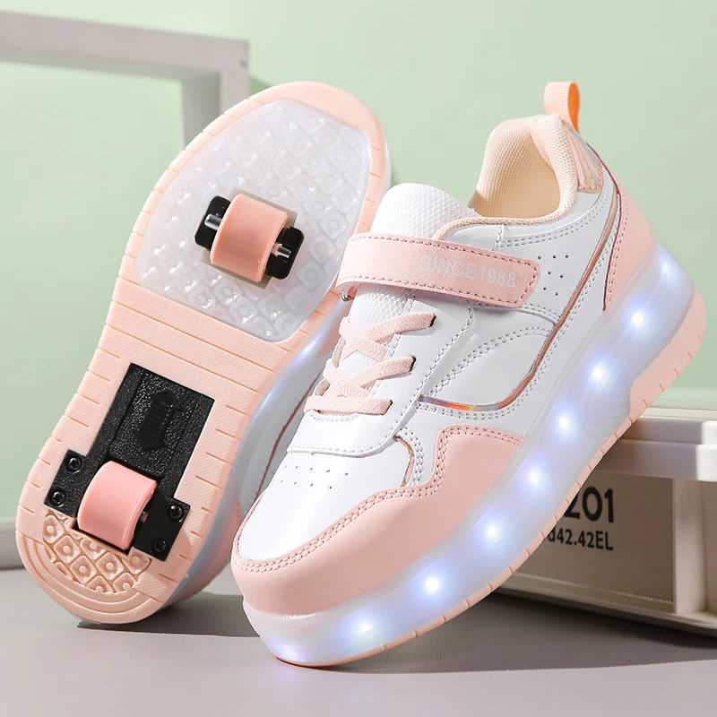 Athletic Outdoor Pink Fashion Girls Boys LED Light Roller Skate Shoes for Children Kids Sneakers with Wheels Two Wheels Sneakers for Boys Kids H241122