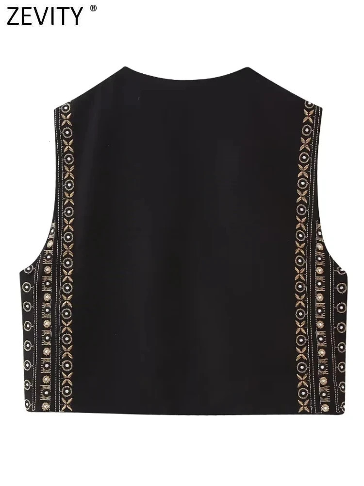 Zevity Women Vintage V Neck Beading Flower Embroidery Short Vest Jacket Ladies Sleeveless Casual Cardigan WaistCoat Tops CT5322 240523