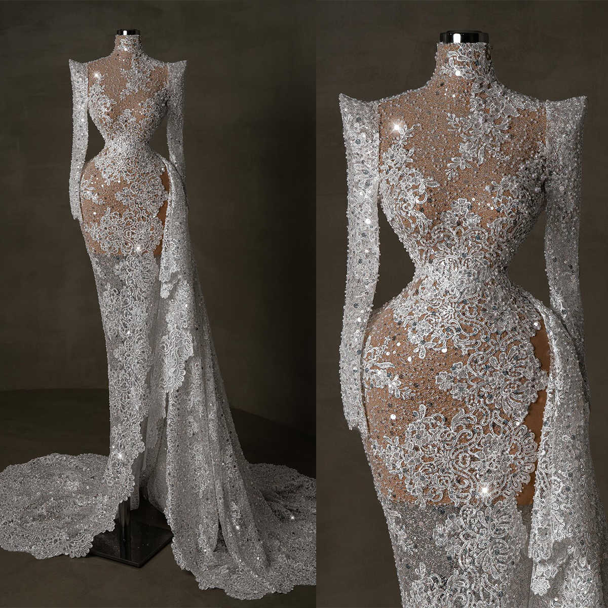 Fashion See Through Mermaid Wedding Dresses Appliques Embroidery Gowns Pearls Sequins Custom Made Side Split Long Sleeve Vestido de novia