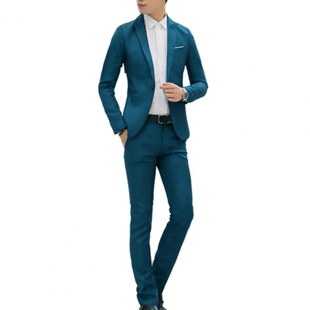2Pcs/Set Men Spring Autumn Solid Color Business Suit Lapel Long Sleeve Pockets Single Button Blazer Slim Fit Long Pants Set 240518