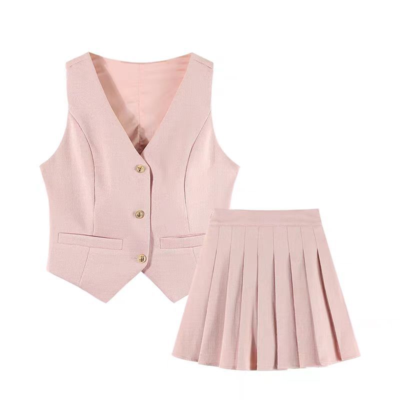 Small Fragrant Summer Elegant 2 Piece Sets Vintage V Neck Sleeveless Vest Womens Office Lady High Waist Pleated Aline Skirts 240522