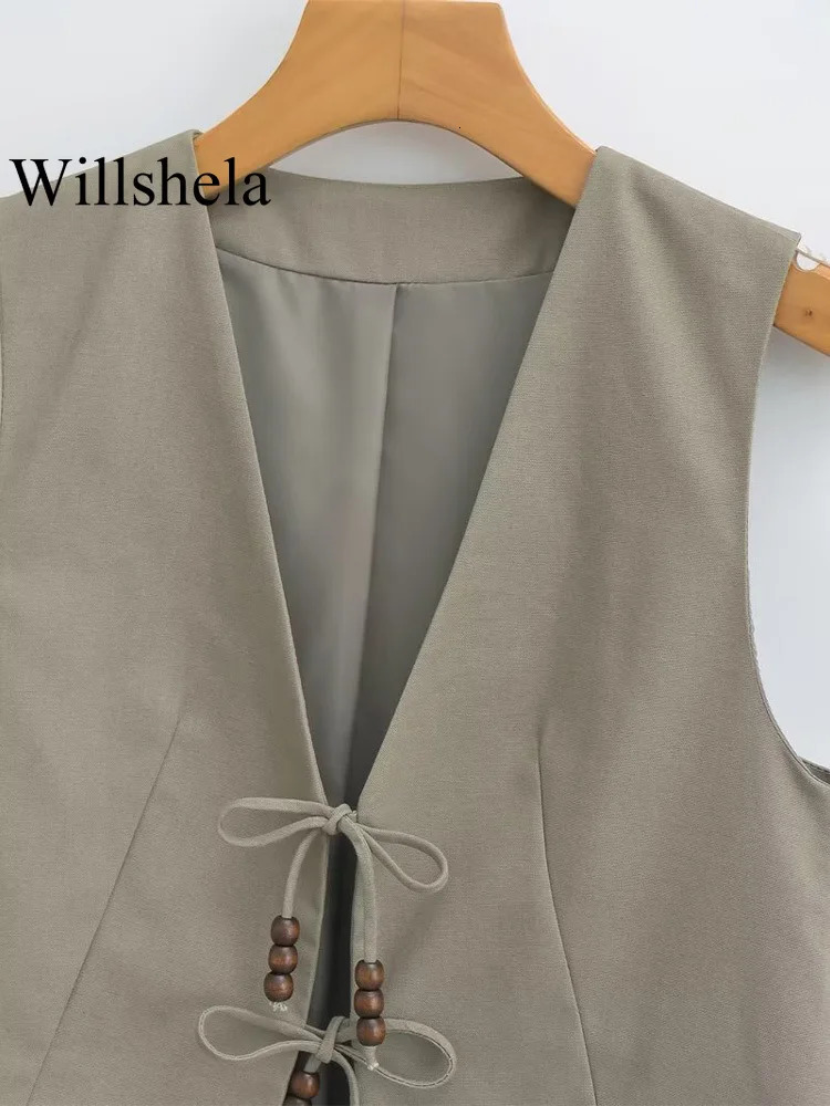 Willshela Women Fashion With Beading Army Green Lace Up Vest Sleeveless Jackets Vintage VNeck Waistcoat Female Chic Tank Tops 240523