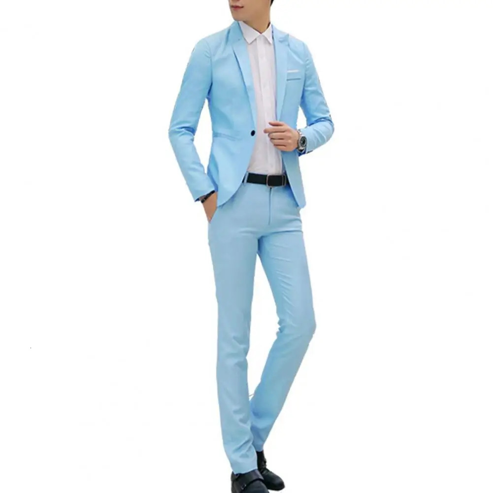 2Pcs/Set Men Spring Autumn Solid Color Business Suit Lapel Long Sleeve Pockets Single Button Blazer Slim Fit Long Pants Set 240518