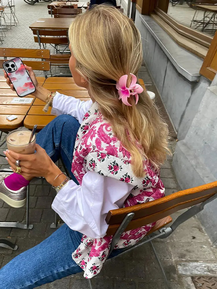 Print Pink Flower Cotton Vest For Women Elegant Sleeveless Warm Cardigan Waistcoat Autumn Lady Vintage High Streetwear 240523