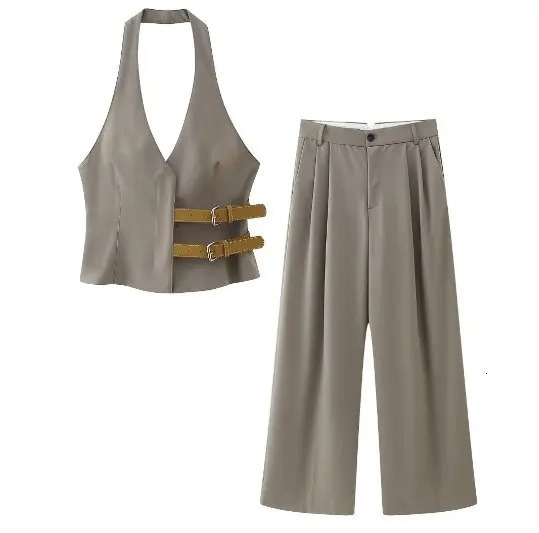 Spring Chic Leather Button Halter Vest For Ladies Sexy Backless Sleeveless Slim Women Vintage High Street Tank Top 240523