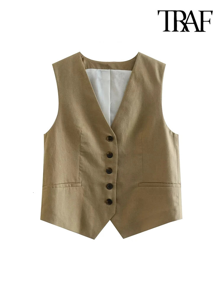 TRAF Women Fashion Front Button Linen Blend Waistcoat Vintage V Neck Sleeveless Female Outerwear Chic Vest Tops 240523