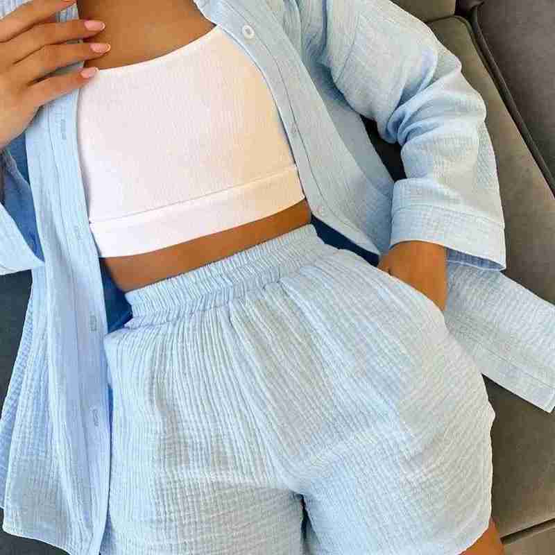 2023 New Long sleeved Commuter Shirt Shorts Set for Women