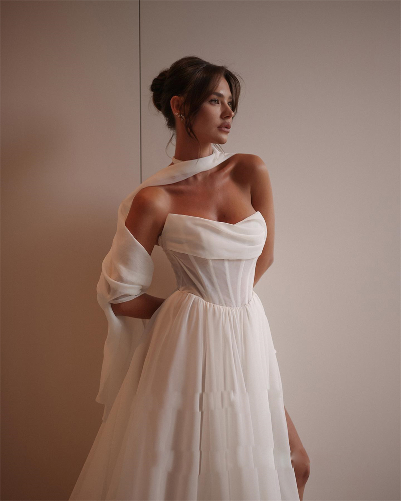 A-E Wedding Sexy Dresses Strapless Side Slit Bride Robe De Mariage Basque Waist Bohemian Bridal Dress Chiffon