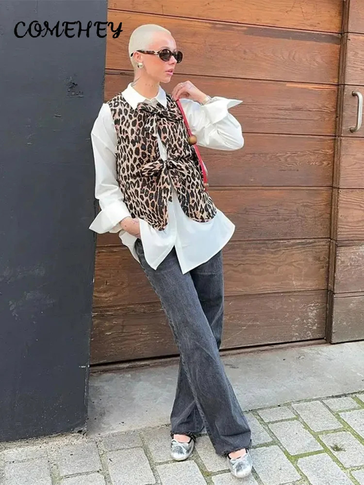 Vintage Leopard Print Lace Up Jackets Women Fashion Vneck Bow Sleeveless Slim Vest Spring High Street Tank Top Outwear 240523