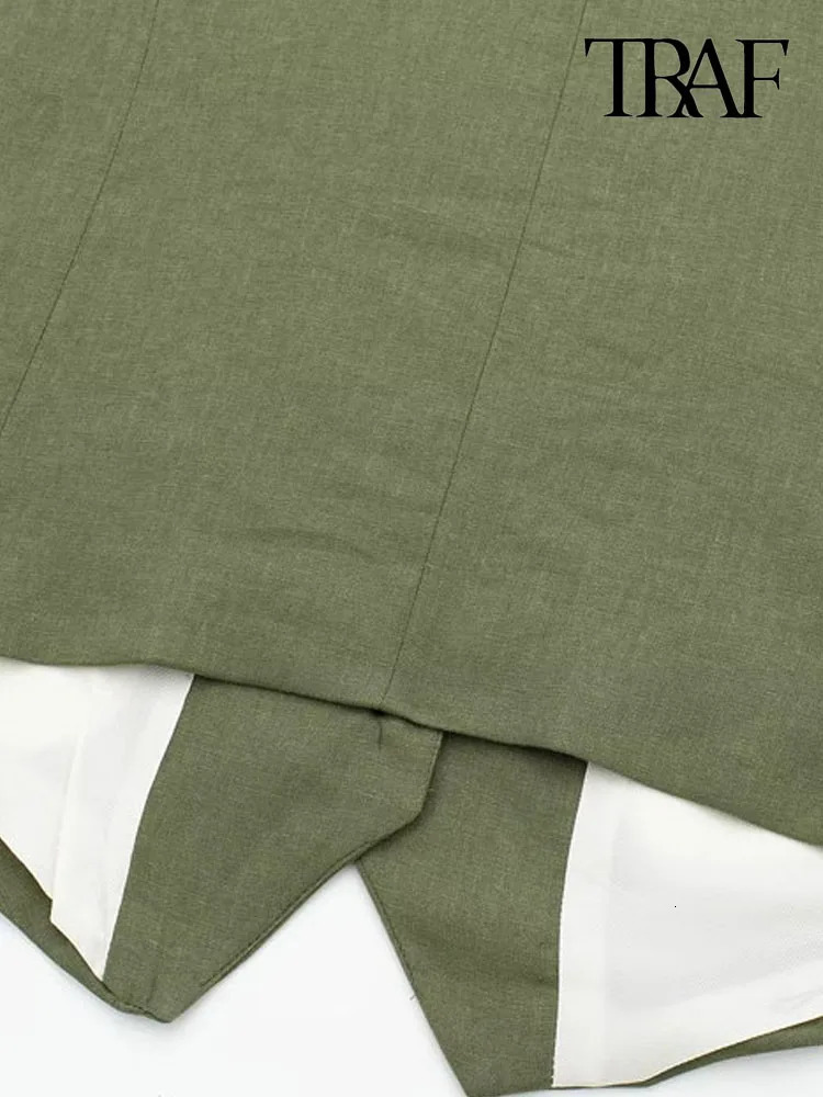 TRAF Women Fashion Front Button Linen Waistcoat Vintage V Neck Sleeveless Female Outerwear Chic Vest Tops 240523