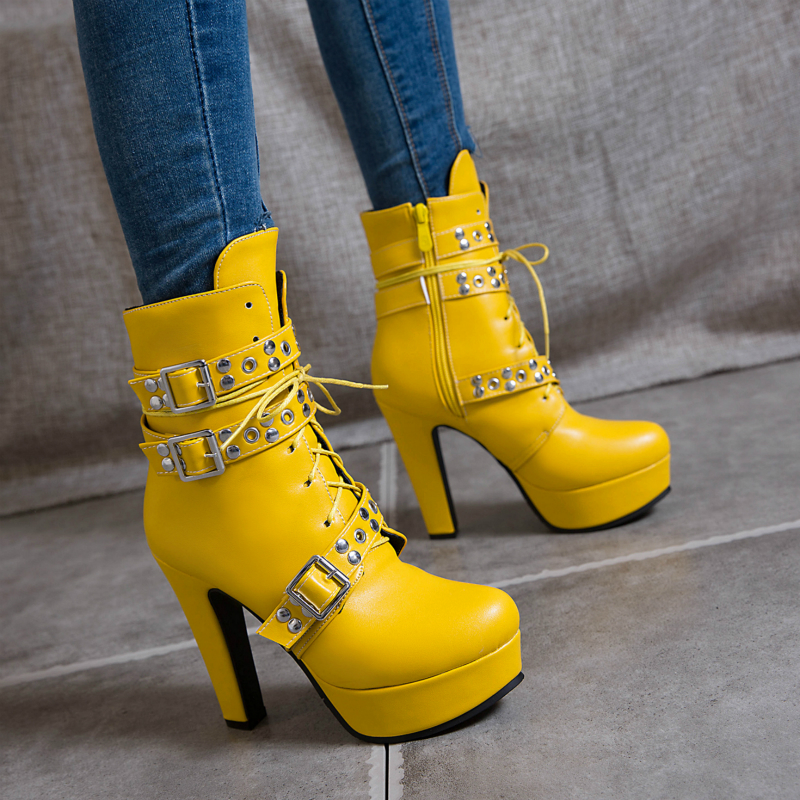 Ankle Women's Boots Platform Red White Yellow Lace Up High Heels Short Boot Female Autumn Winter Unisex Shoes Sexy Large Size 45 9312