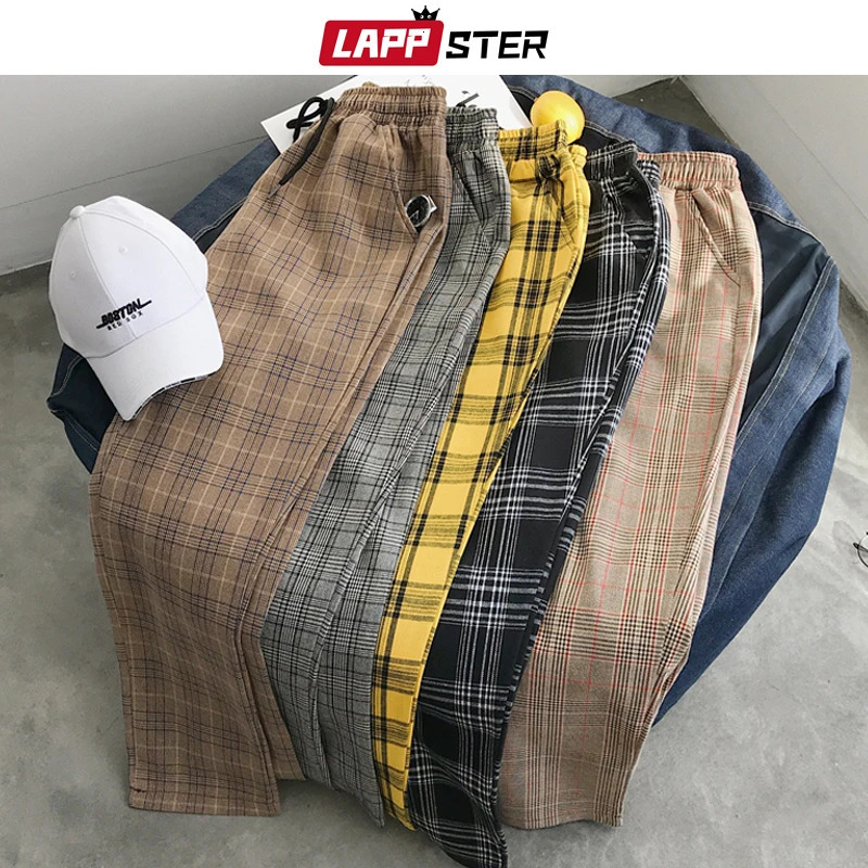 LAPPSTER Mens Black Harajuku Plaid Pants Men Japanese Streetwear Baggy Sweatpants Male Colors Vintage Casual Joggers Pants 240517