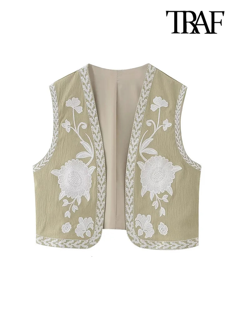 TRAF Women Fashion Floral Embroidery Waistcoat Vintage Sleeveless Front Open Female Outerwear Chic Vest Tops 240523