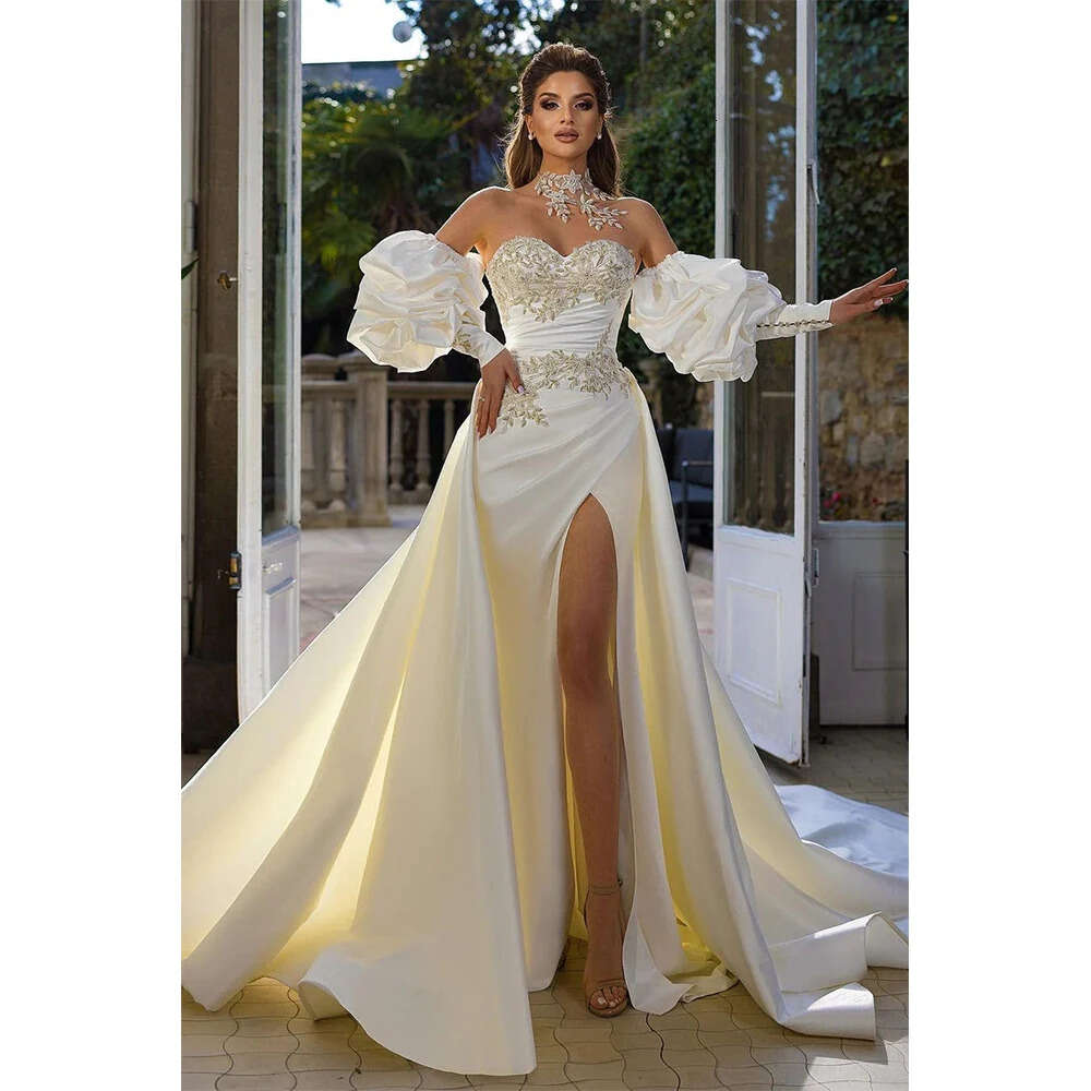 Gorgeous Ivory Satin Pleated Bridal Dresses Removable Bubble Sleeve Decal Mermaid Side High Split Princess Wedding Gowns Lz0304