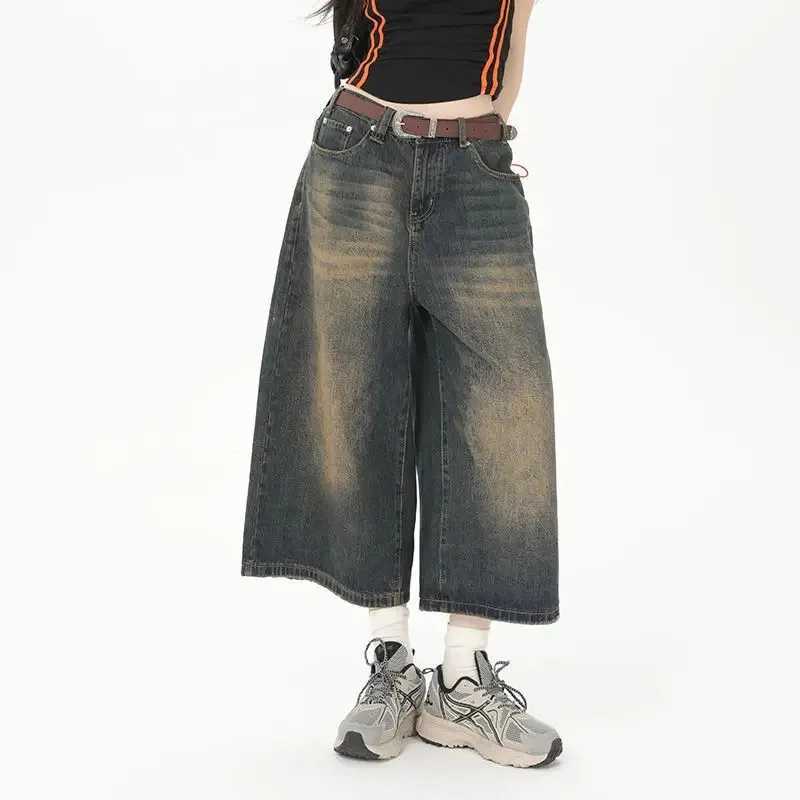 Women's Jeans Deeptown retro loose fitting Jorts jeans Y2k street clothing oversized shorts denim pants Korean fashion pocket apron Trouser