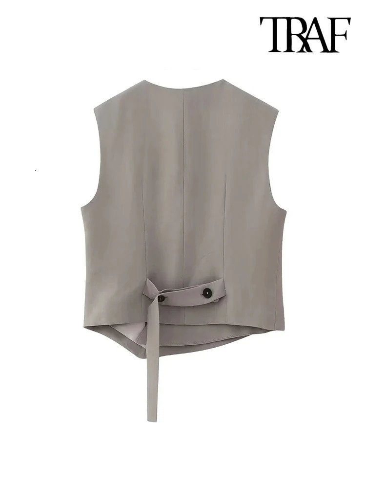 TRAF Women Fashion Asymmetric Front Button Waistcoat Vintage Sleeveless Back Tap Female Outerwear Chic Vest Tops 240523