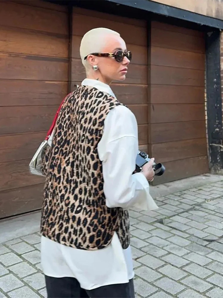 Leopard Print Bow Lace Up Women Vest Spring Loose Vneck Sleeveless Waistcoat Vintage Chic Lady High Street Panther Jackets 240523