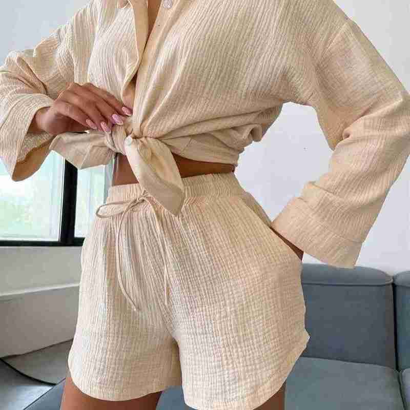 2023 New Long sleeved Commuter Shirt Shorts Set for Women