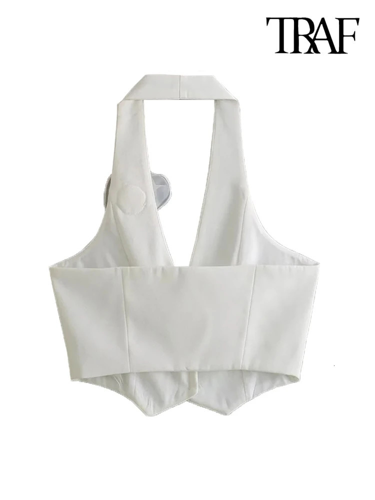 TRAFWomens Floral Appliques Halterneck Waistcoat Sexy Backless Buttonup Female Outerwear Chic Vest Tops Fashion 240523