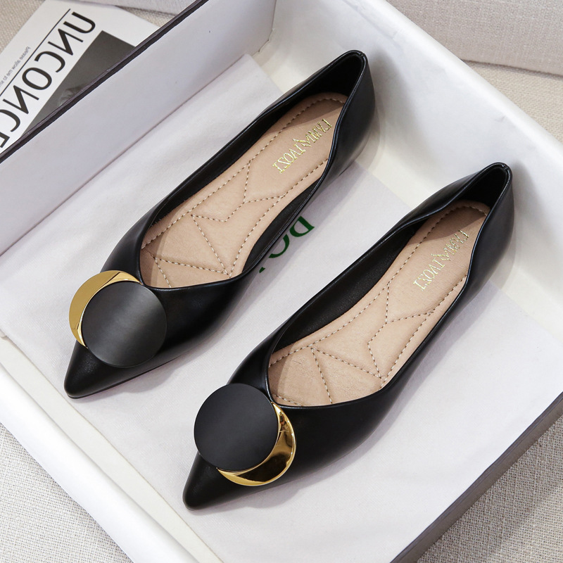 Women's Pointed Toe Flats - Soft Leather, Black & Beige, Round hot Buckle, Flat Sole, Large Sizes 42-43