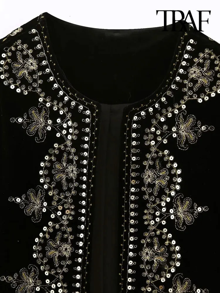 TRAF Women Fashion With Sequin Floral Embroidery Crop Waistcoat Vintage O Neck Sleeveless Female Outerwear Chic Vest Tops 240523