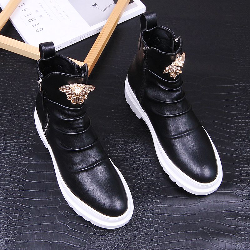 New Men's boots tide male contracted high top recreational leather shoes pointed individual high top shoes white male boots A5