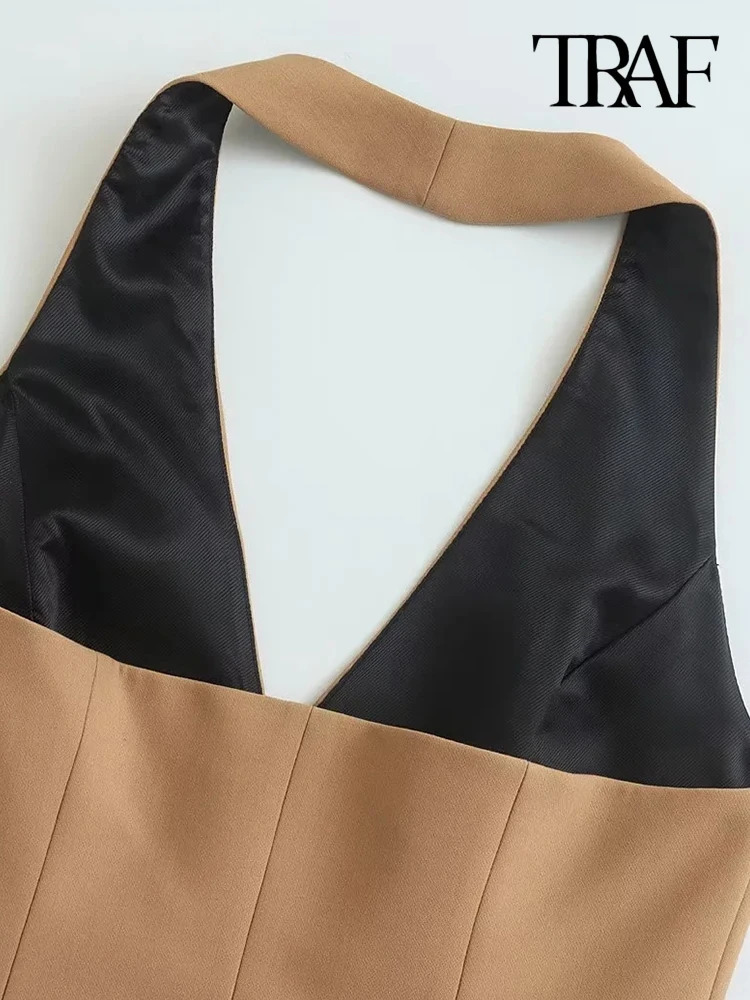 TRAFFront Button Halter Neck Waistcoat For Women Backless Sleeveless Vest Female Outerwear Chic Tops Fashion 240523