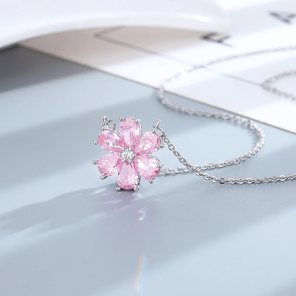 925 Sterling Silver Wedding Ring Women Pink Flower Bracelets Earrings Necklace Rings Fashion Jewelry Sets 240524