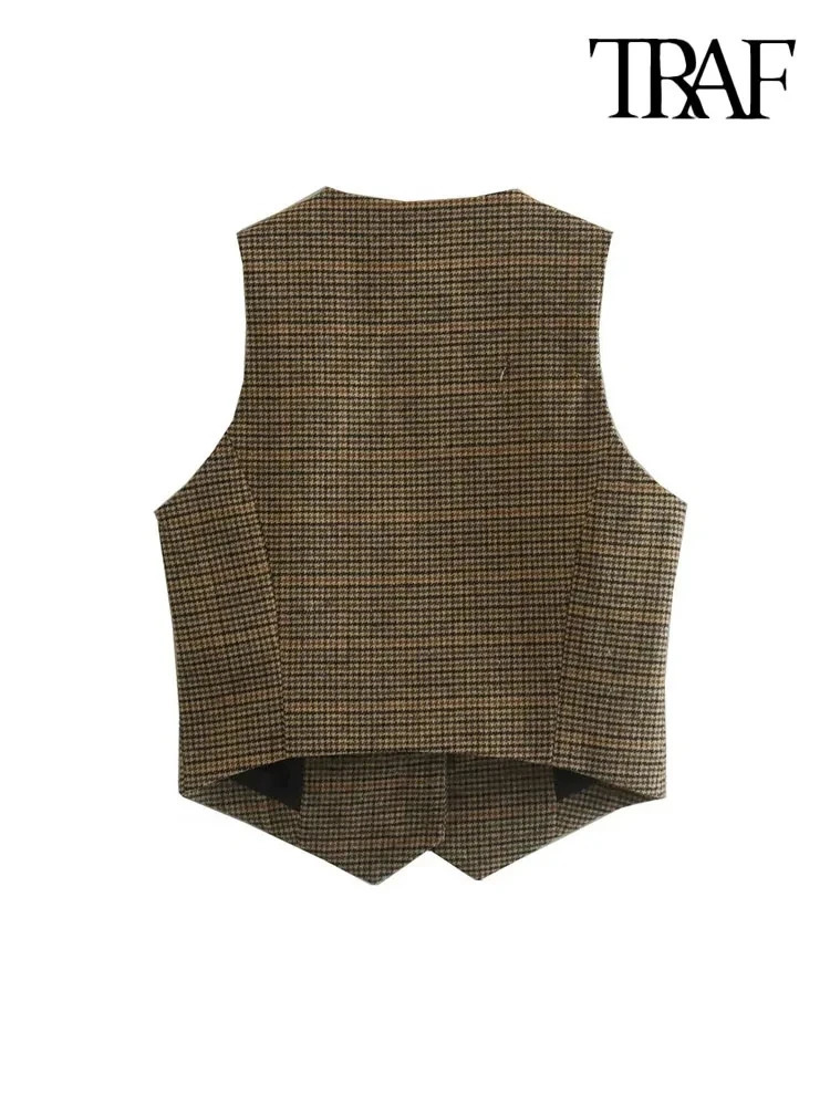 TRAFWomens Front Button Houndstooth Waistcoat V Neck Sleeveless Vest Female Outerwear Chic Tops Fashion 240523