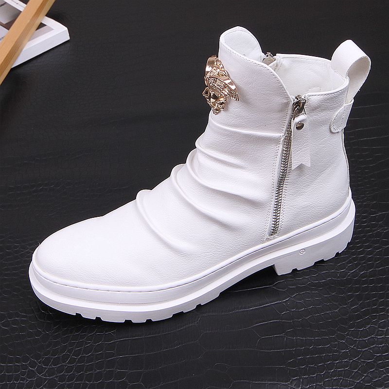 New Men's boots tide male contracted high top recreational leather shoes pointed individual high top shoes white male boots A5