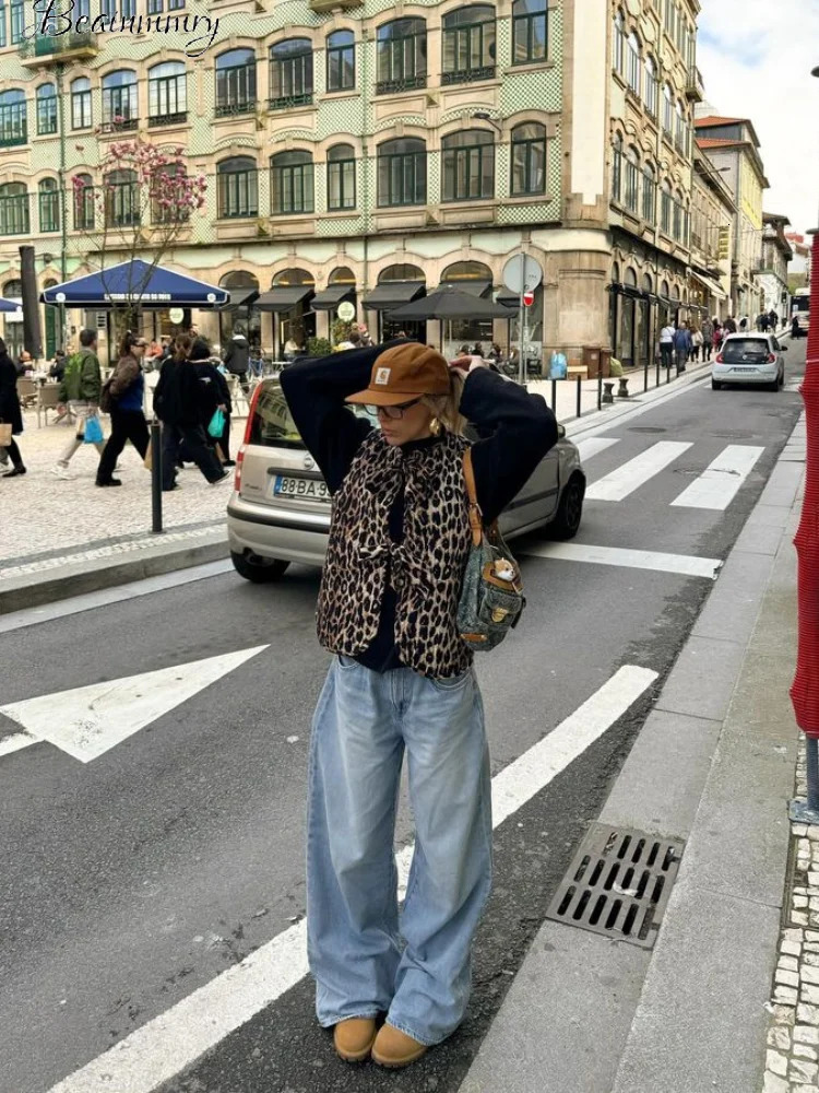 Street Leopard Oneck Bow Women Vest Jacket Elegant Sleeveless Lace Up Female Outwear Spring Fashion Lady Warm Coat 240523