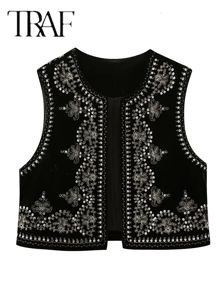 TRAF Vintage Autumn Velvet Embroidered Vest Sleeveless Jacket Women V Neck Chic Waistcoats Female Fashion Vests Coat 240523