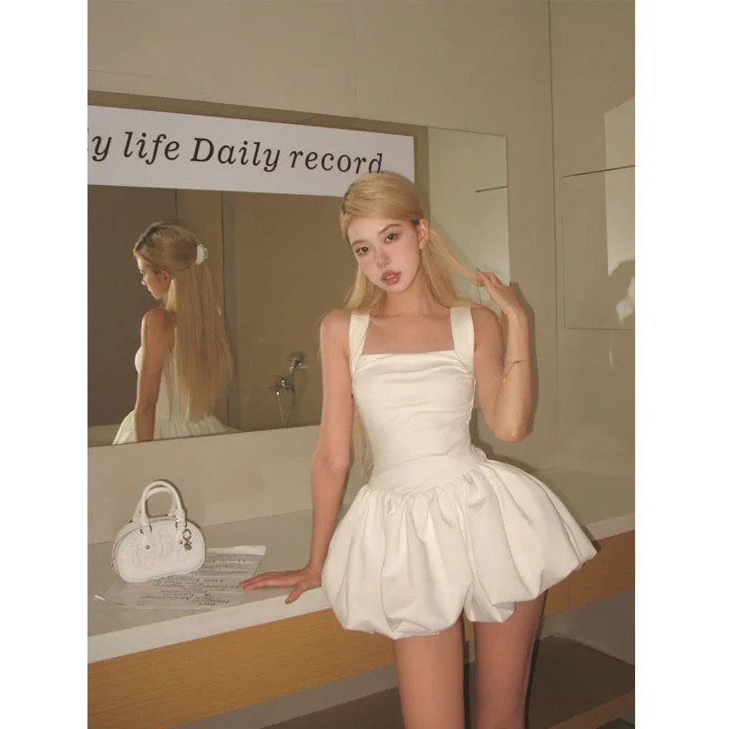 HOUZHOU Kawaii Sweet White Mini Dress Elegant Balletcore Women Korean Y2k Summer Sexy Short Dresses Party Dress French Vintage 240524