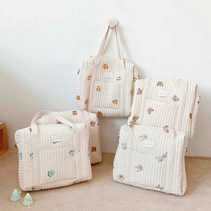 Korean Newborn Baby Care Diaper Bag Mummy Shoulder Bags Bear Embroidery Quilted Stroller Storage Organizer Large Messenger Bag