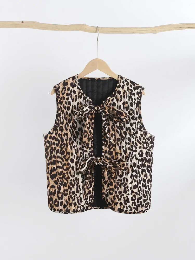 Leopard Print Bow Lace Up Vest Women Spring Loose Vneck Sleeveless Top Jackets Vintage High Street Panther Lady Streetwear 240523