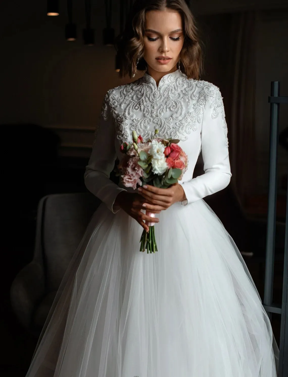 Muslim Vintage Wedding Dresses Bridal Gown Tulle Satin High Collar Lace Applique Ruched Pleats Sweep Train Long Sleeves Country Plus Size Vestido De B