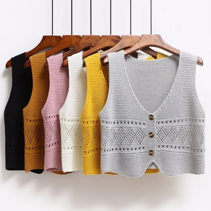 Korean Fashion V Neck Loose Sleeveless Sweater Vest Women Knitted Hollow Out Single Breasted Short Cardigan Female Knitwear 240523
