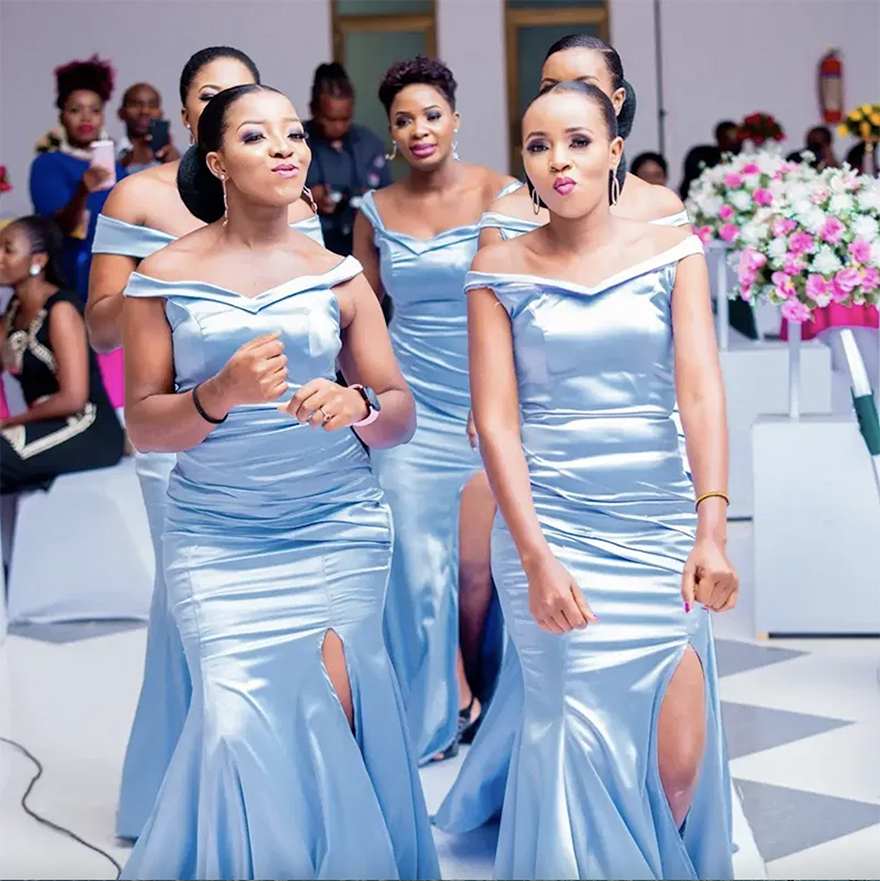 Mermaid Bridesmaid Dresses Off the Shoulder Straps Sleeveless Satin Side Slit or Length Plus Size Wedding Guest Gowns Custom Formal Evening Wear