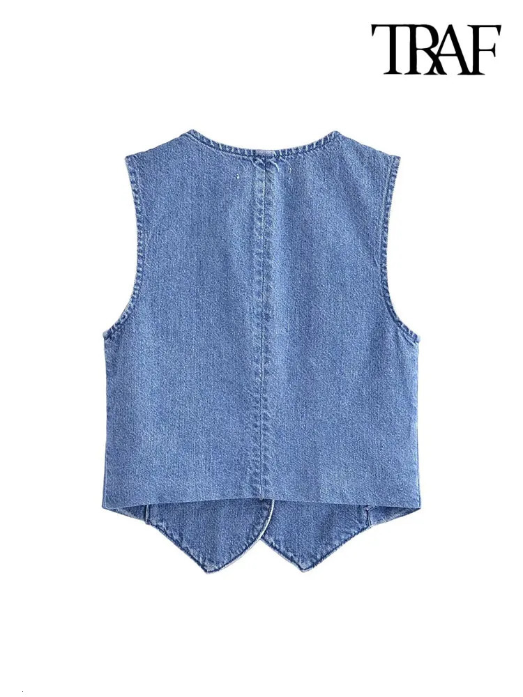 TRAF Women Fashion Front Button Denim Waistcoat Vintage V Neck Sleeveless Female Outerwear Chic Vest Tops 240523