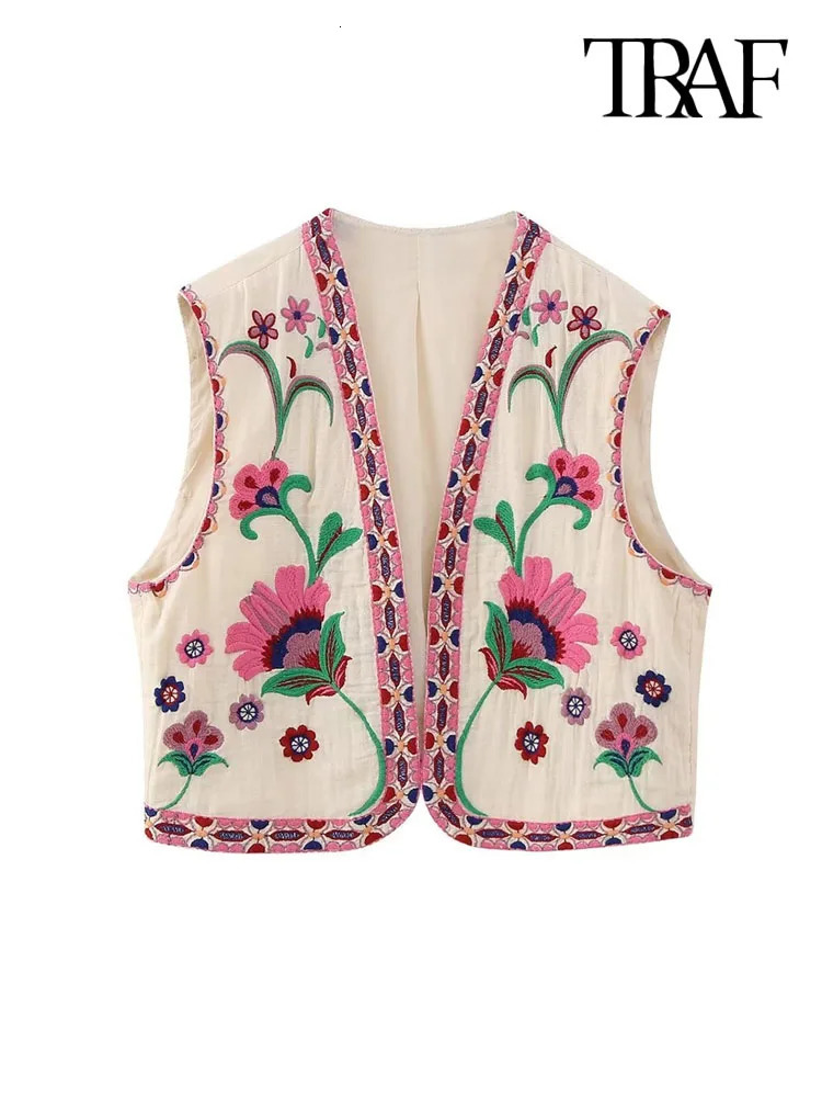 TRAF Women Fashion Floral Embroidery Waistcoat Vintage Sleeveless Front Open Female Outerwear Chic Vest Tops 240523