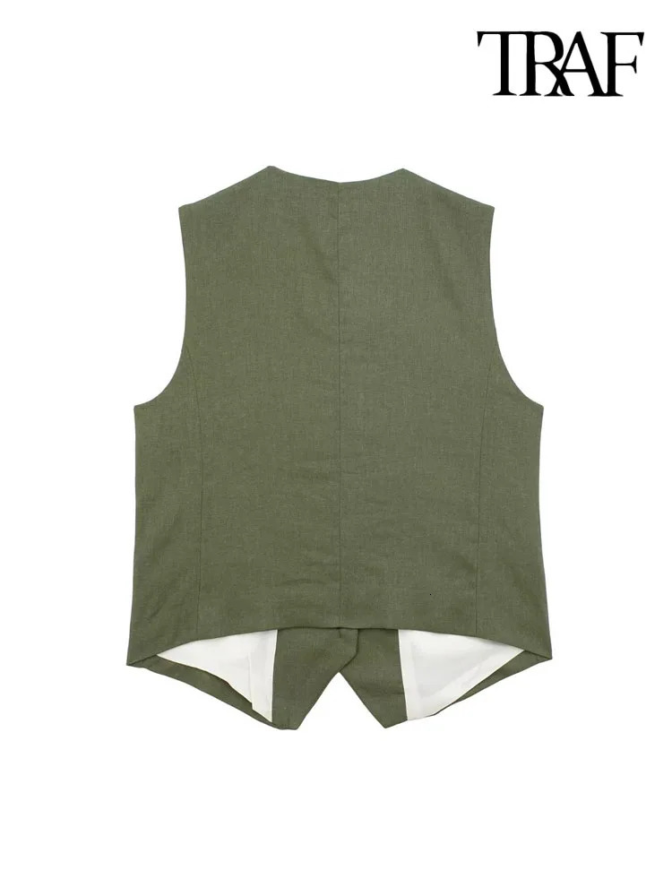 TRAF Women Fashion Front Button Linen Waistcoat Vintage V Neck Sleeveless Female Outerwear Chic Vest Tops 240523